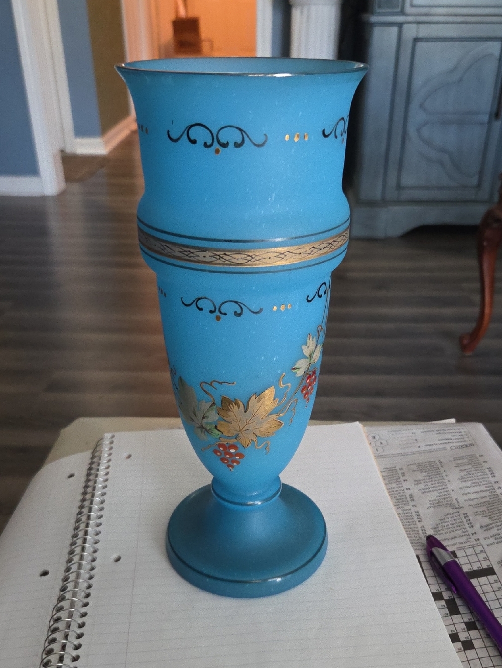 Antique Blue Opaline glass mantle vase with hand painted accents